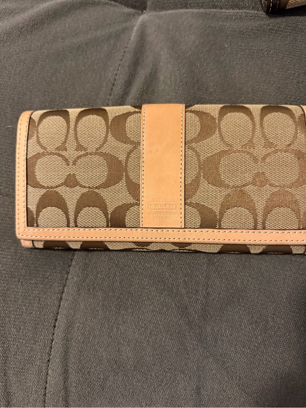 Coach Signature Canvas Trifold Wallet in Brown and Tan Leather Trim